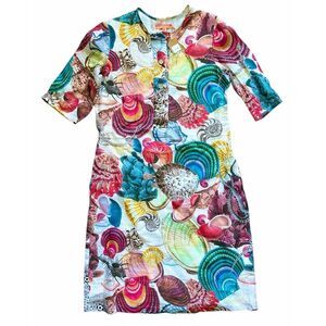 Vilagallo Sz 38 M Linen Sea Shell Print Tunic Dress Colorful